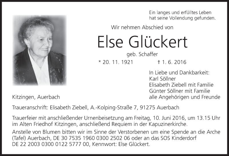  Traueranzeige für Else Glückert vom 08.06.2016 aus MGO