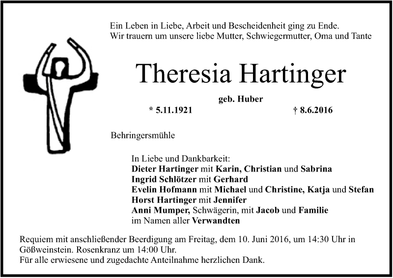  Traueranzeige für Theresia Hartinger vom 09.06.2016 aus MGO