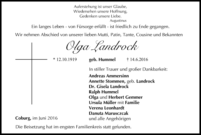  Traueranzeige für Olga Landrock vom 18.06.2016 aus MGO