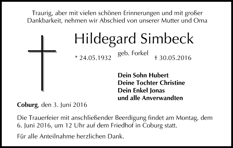  Traueranzeige für Hildegard Simbeck vom 03.06.2016 aus MGO