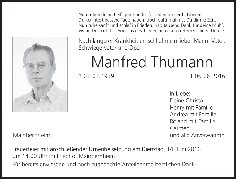  Traueranzeige für Manfred Thumann vom 11.06.2016 aus MGO
