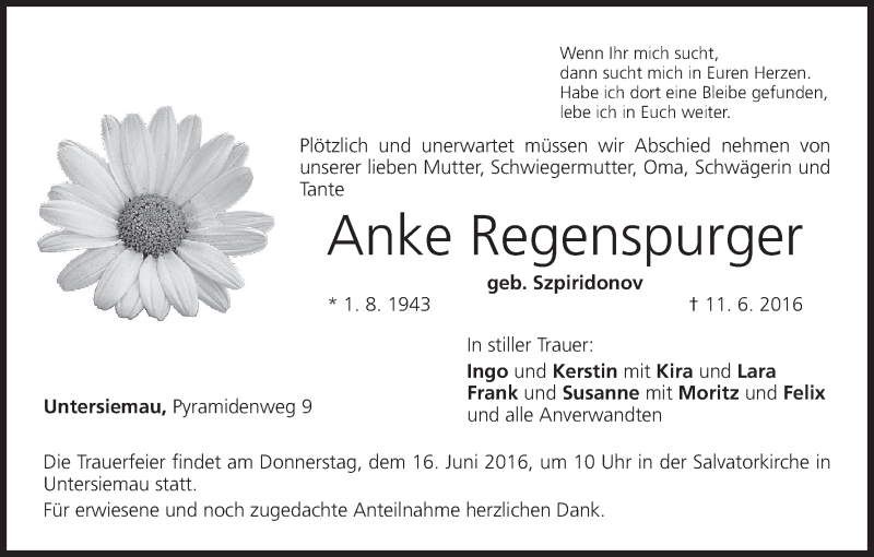  Traueranzeige für Anke Regenspurger vom 14.06.2016 aus MGO