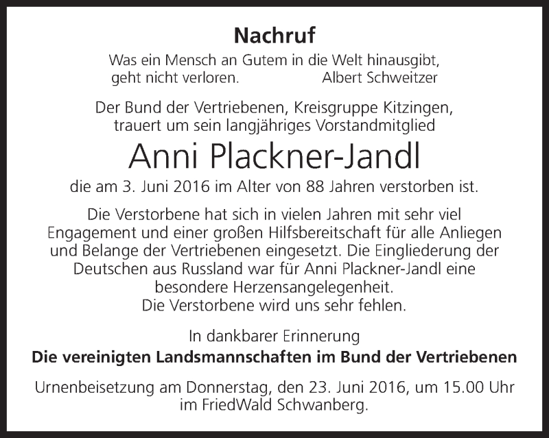  Traueranzeige für Anni Plackner-Jandl vom 23.06.2016 aus MGO
