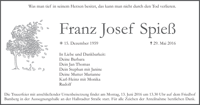  Traueranzeige für Franz Josef Spieß vom 11.06.2016 aus MGO