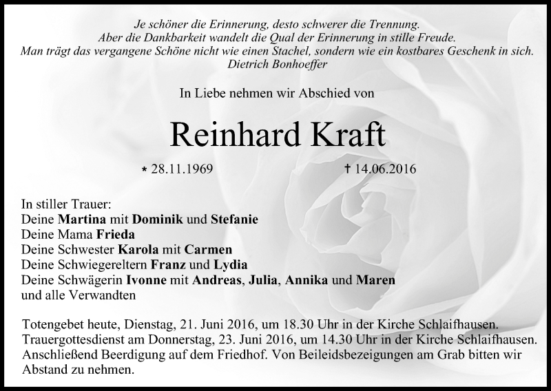  Traueranzeige für Reinhard Kraft vom 21.06.2016 aus MGO