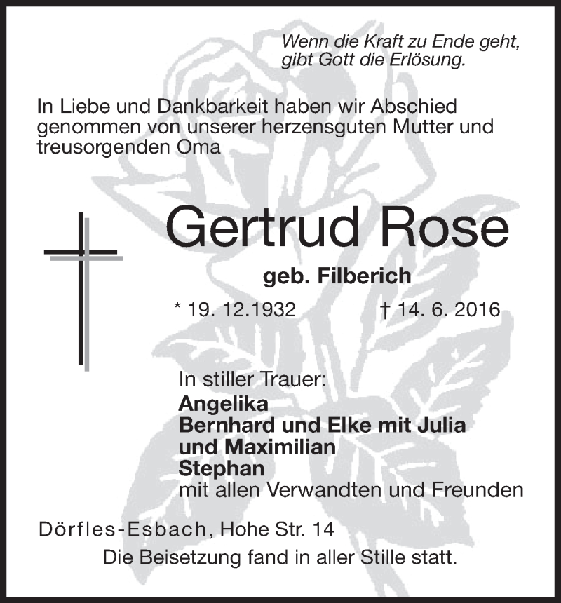  Traueranzeige für Gertrud Rose vom 22.06.2016 aus MGO