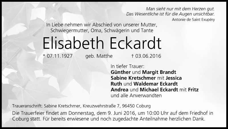 Traueranzeige für Elisabeth Eckardt vom 06.06.2016 aus MGO