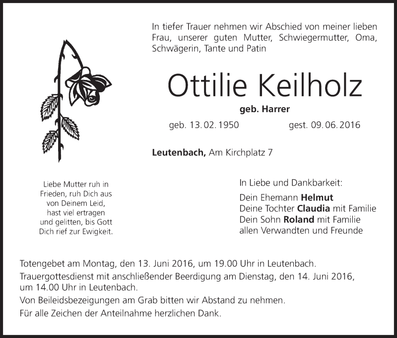  Traueranzeige für Ottilie Keilholz vom 11.06.2016 aus MGO