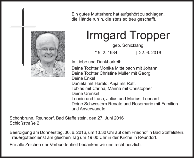  Traueranzeige für Irmgard Tropper vom 27.06.2016 aus MGO