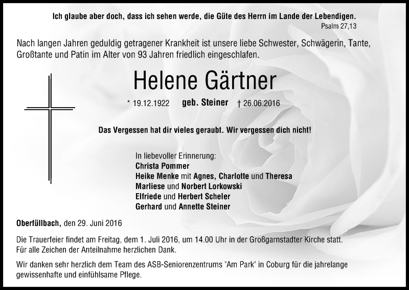  Traueranzeige für Helene Gärtner vom 29.06.2016 aus MGO