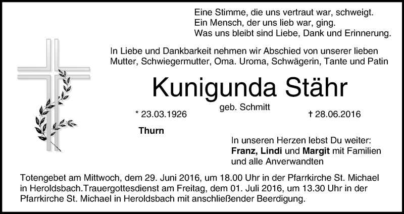  Traueranzeige für Kunigunda Stähr vom 29.06.2016 aus MGO