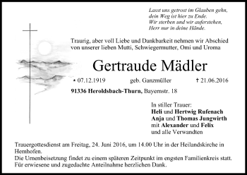 Anzeige von Gertraude Mädler von MGO