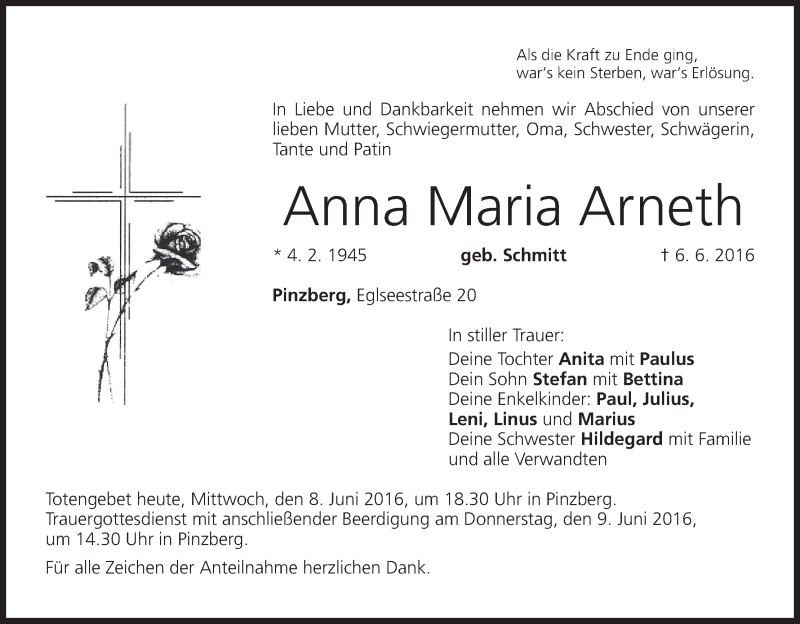  Traueranzeige für Anna Maria Arneth vom 08.06.2016 aus MGO