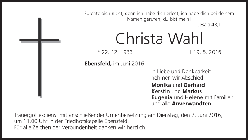  Traueranzeige für Christa Wahl vom 04.06.2016 aus MGO