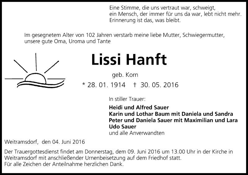  Traueranzeige für Lissi Hanft vom 04.06.2016 aus MGO