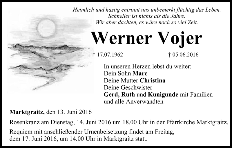  Traueranzeige für Werner  Vojer vom 13.06.2016 aus MGO