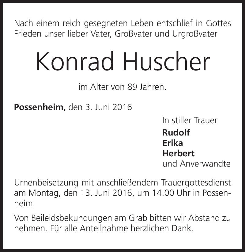  Traueranzeige für Konrad Huscher vom 09.06.2016 aus MGO