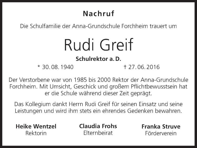  Traueranzeige für Rudi Greif vom 30.06.2016 aus MGO