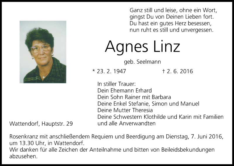  Traueranzeige für Agnes Linz vom 04.06.2016 aus MGO