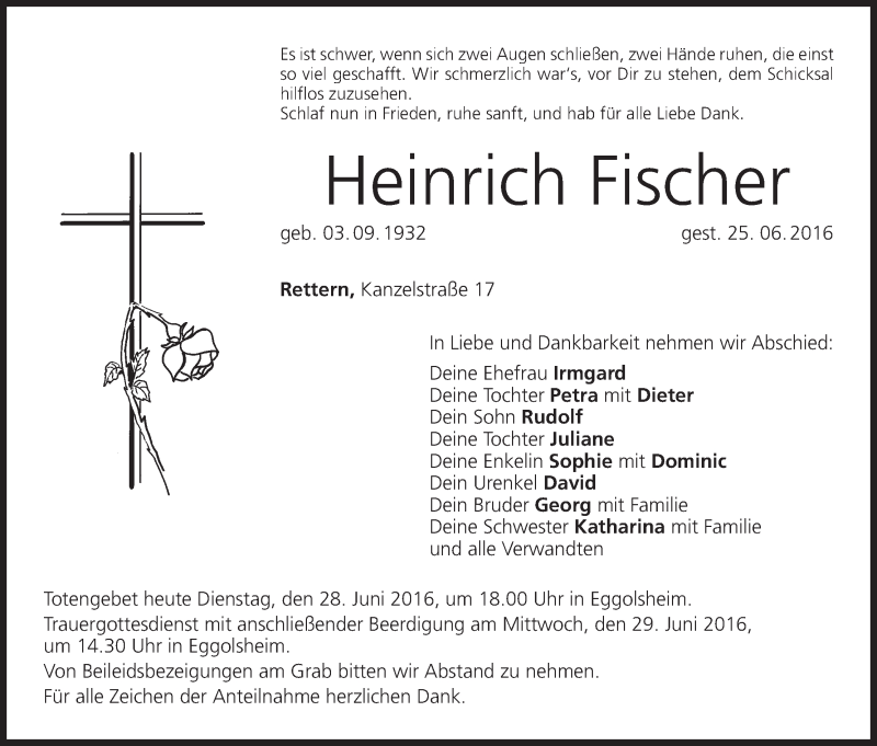  Traueranzeige für Heinrich Fischer vom 28.06.2016 aus MGO