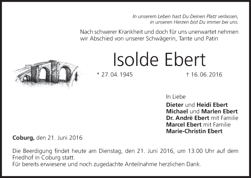  Traueranzeige für Isolde Ebert vom 21.06.2016 aus MGO