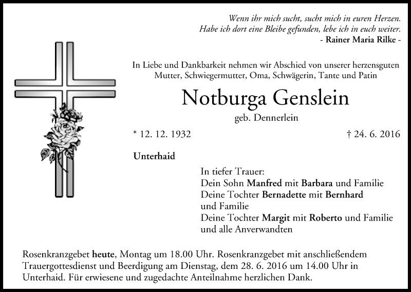  Traueranzeige für Notburga Genslein vom 27.06.2016 aus MGO