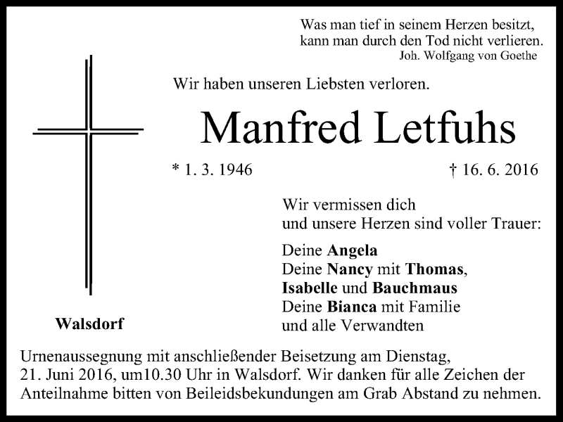  Traueranzeige für Manfred Letfuhs vom 18.06.2016 aus MGO