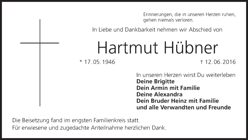 Traueranzeige für Hartmut Hübner vom 29.06.2016 aus MGO