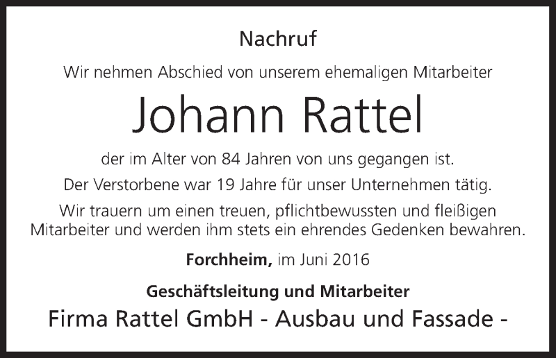  Traueranzeige für Johann Rattel vom 16.06.2016 aus MGO