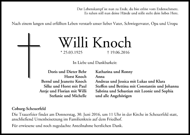  Traueranzeige für Willi Knoch vom 25.06.2016 aus MGO