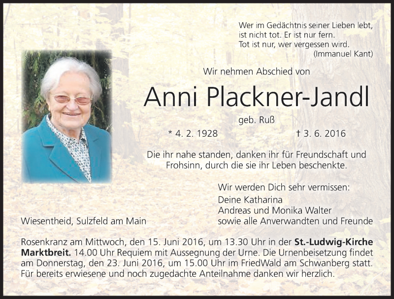  Traueranzeige für Anni Plackner-Jandl vom 11.06.2016 aus MGO