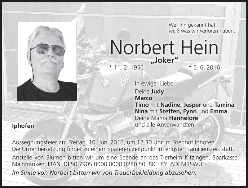  Traueranzeige für Norbert Hein vom 09.06.2016 aus MGO