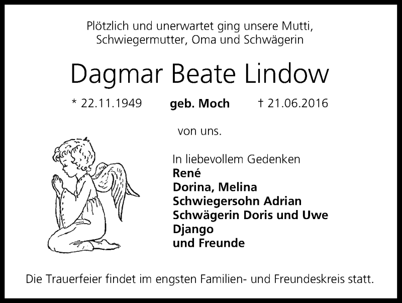  Traueranzeige für Dagmar Beate Lindow vom 25.06.2016 aus MGO
