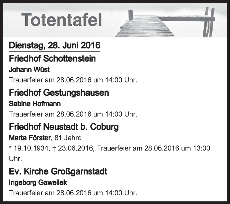  Traueranzeige für Totentafel vom 28.06.2016 vom 28.06.2016 aus MGO