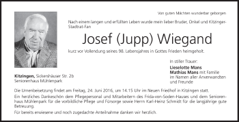 Anzeige von Josef (Jupp) Wiegand von MGO