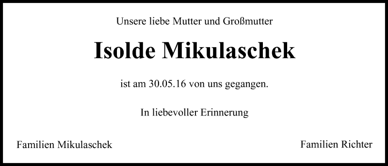  Traueranzeige für Isolde Mikulaschek vom 04.06.2016 aus MGO