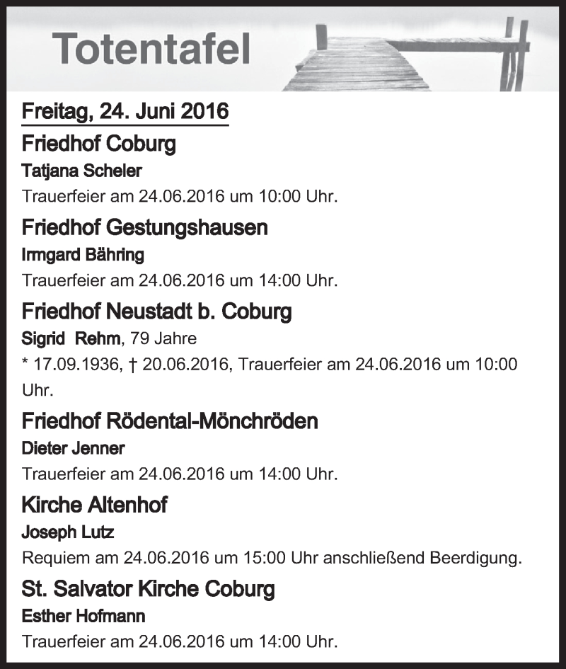  Traueranzeige für Totentafel vom 24.06.2016 vom 24.06.2016 aus MGO