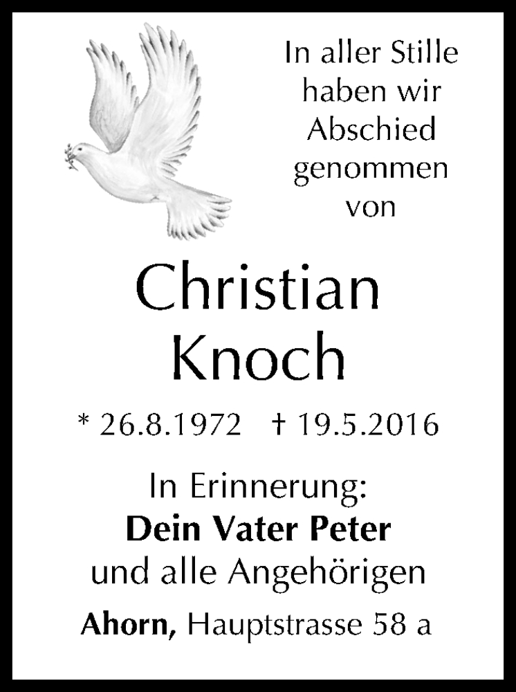  Traueranzeige für Christian Knoch vom 11.06.2016 aus MGO