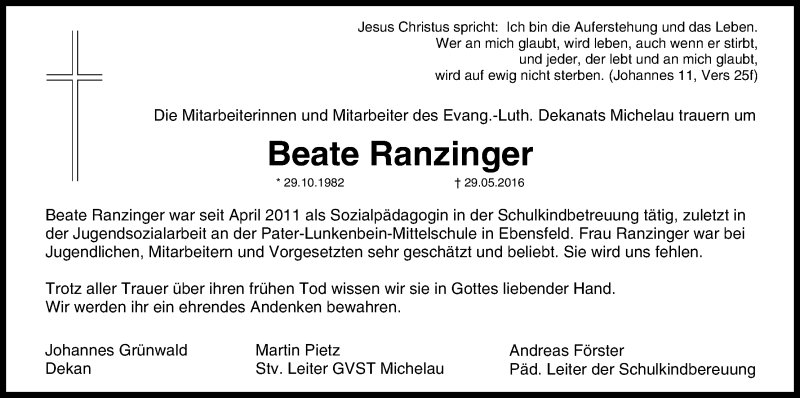  Traueranzeige für Beate Ranzinger vom 04.06.2016 aus MGO