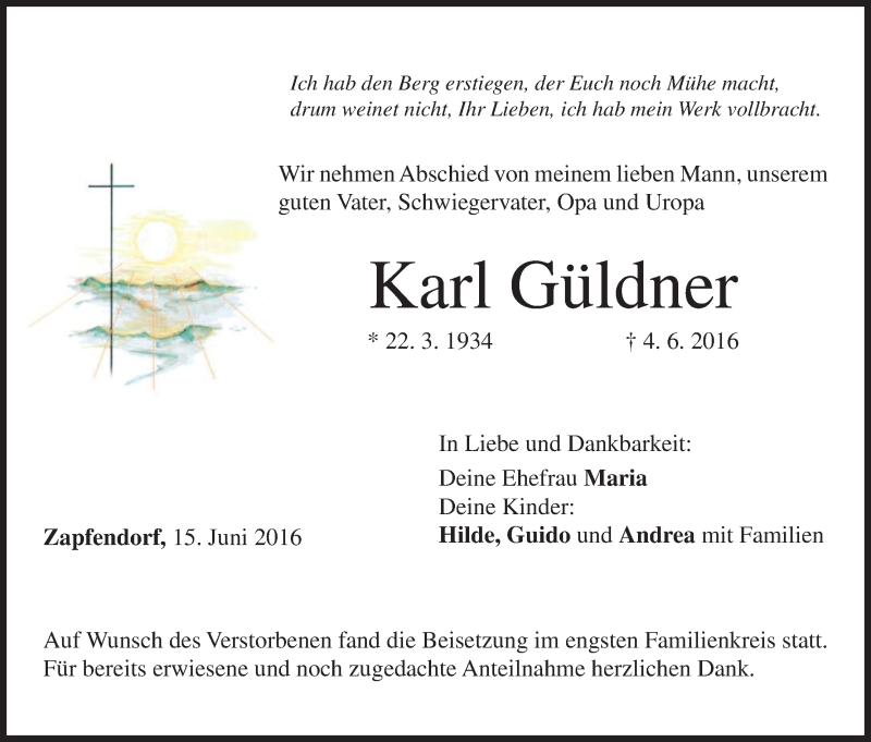  Traueranzeige für Karl Güldner vom 15.06.2016 aus MGO
