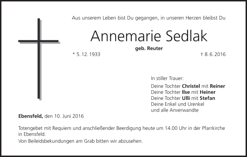  Traueranzeige für Annemarie Sedlak vom 10.06.2016 aus MGO
