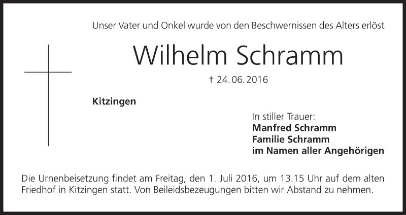  Traueranzeige für Wilhelm Schramm vom 30.06.2016 aus MGO