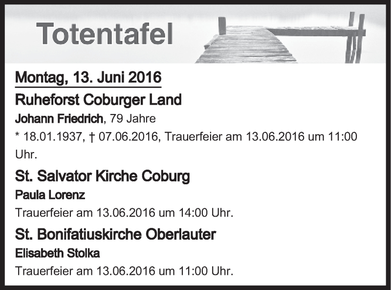  Traueranzeige für Totentafel vom 13.06.2016 vom 13.06.2016 aus MGO