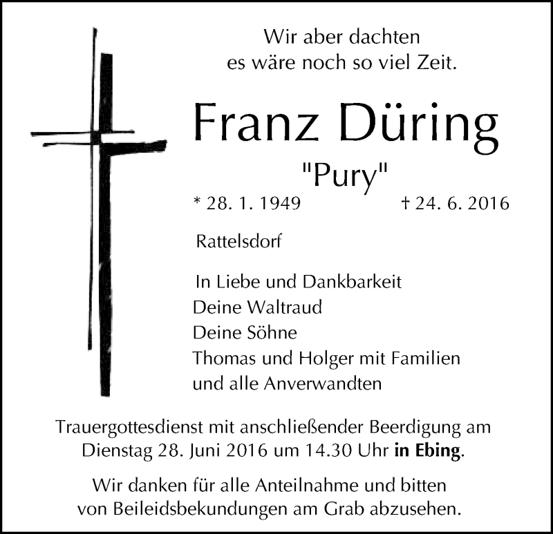  Traueranzeige für Franz Düring vom 25.06.2016 aus MGO