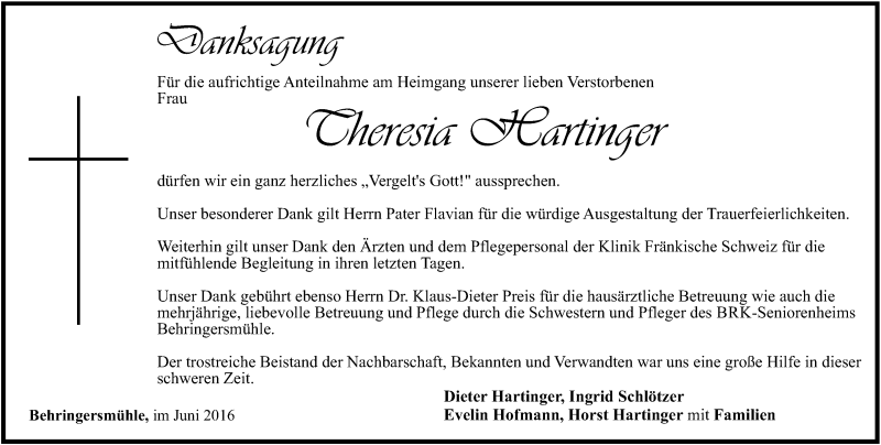  Traueranzeige für Theresia Hartinger vom 18.06.2016 aus MGO