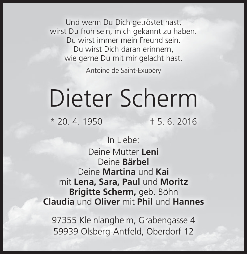  Traueranzeige für Dieter Scherm vom 18.06.2016 aus MGO
