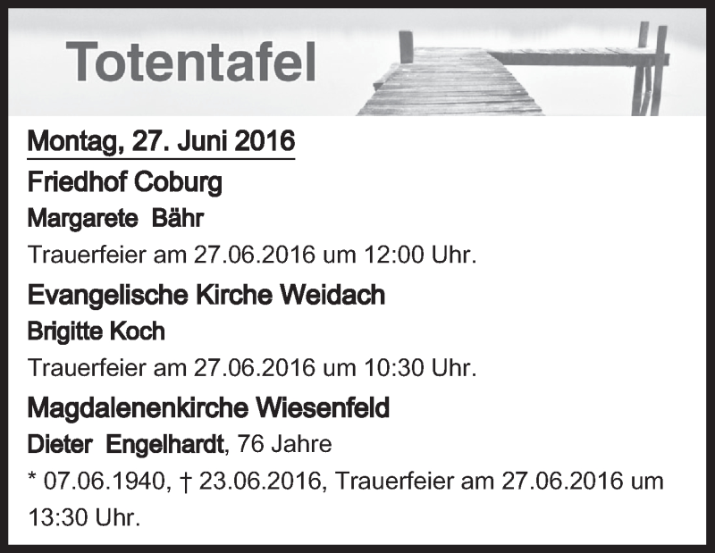  Traueranzeige für Totentafel vom 27.06.2016 vom 27.06.2016 aus MGO