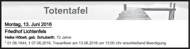  Traueranzeige für Totentafel vom 13.06.2016 vom 13.06.2016 aus MGO