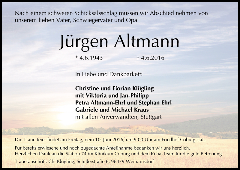  Traueranzeige für Jürgen Altmann vom 08.06.2016 aus MGO