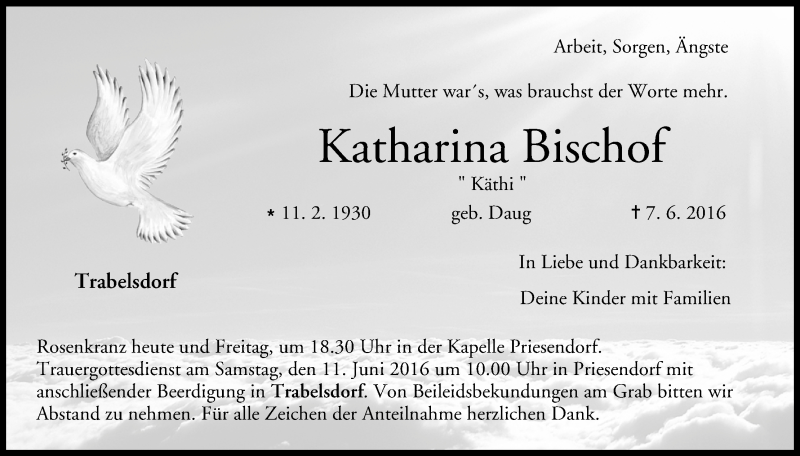  Traueranzeige für Katharina Bischof vom 09.06.2016 aus MGO